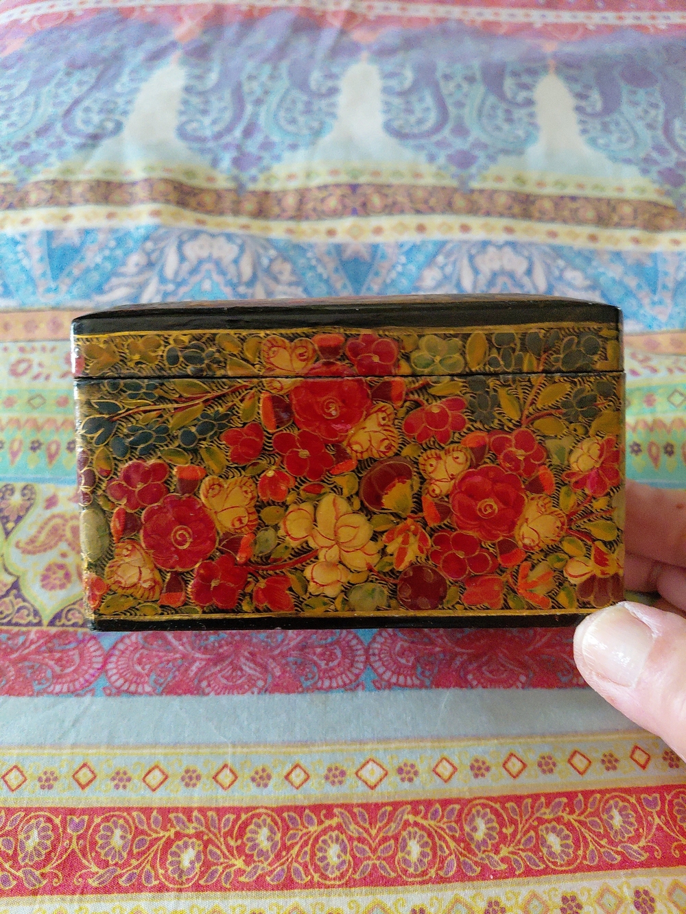 Playing Card Holder.Hand-Painted Floral Decorative Box in Red and Gold